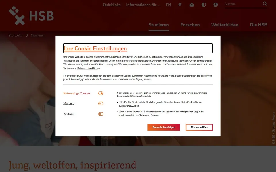 Hochschule Bremen – Ansicht der Anbieter-Website