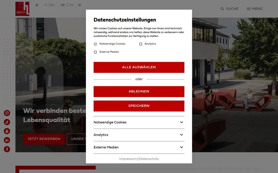 Hochschule für angewandte Wissenschaften Landshut – Ansicht der Anbieter-Website