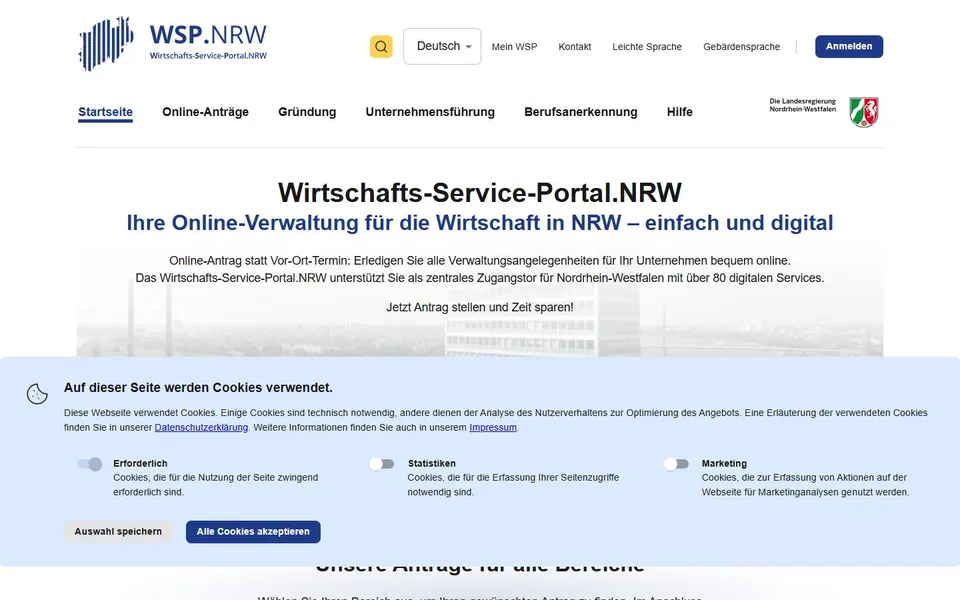 Unternehmensserviceportal NRW – Ansicht der Anbieter-Website