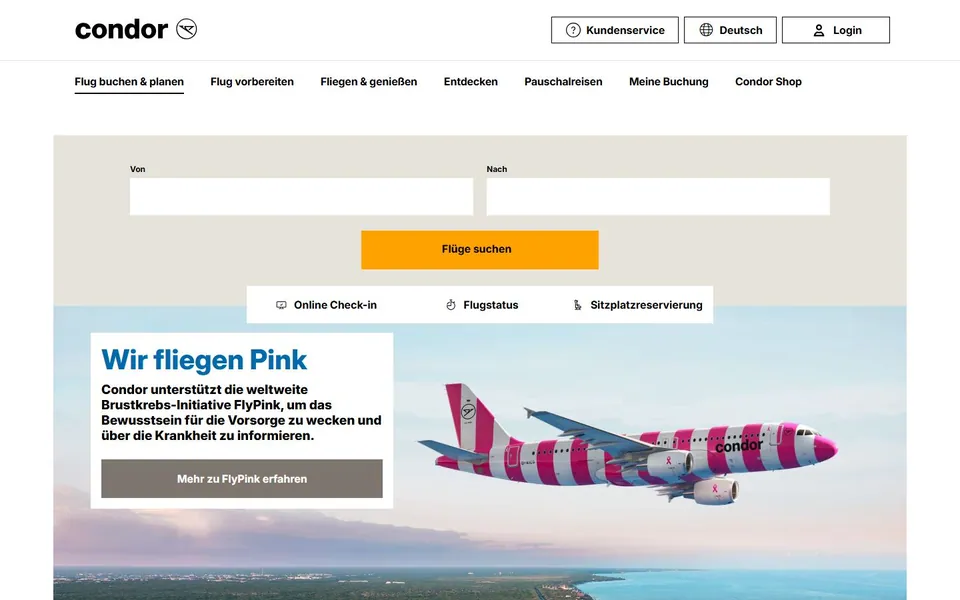 Condor – Ansicht der Anbieter-Website
