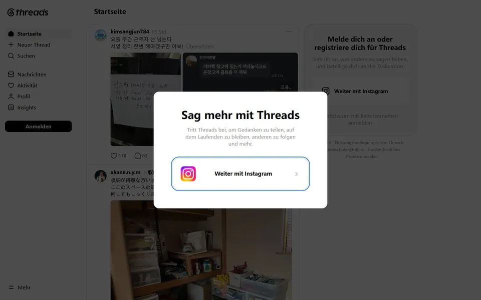 Threads – Ansicht der Anbieter-Website