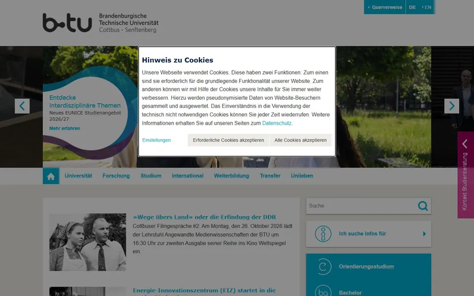 Brandenburgische Technische Universität Cottbus-Senftenberg – Ansicht der Anbieter-Website