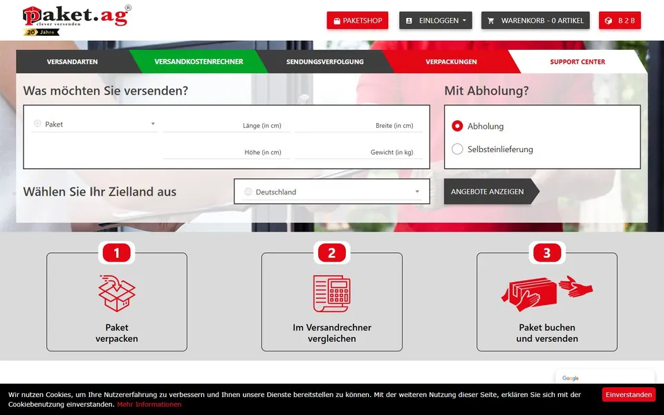 PAKET.AG – Ansicht der Anbieter-Website