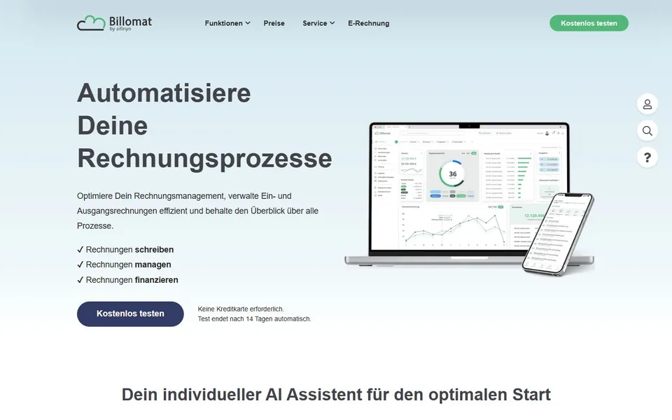 Billomat – Ansicht der Anbieter-Website