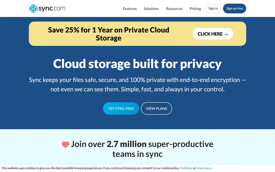 Sync.com – Ansicht der Anbieter-Website