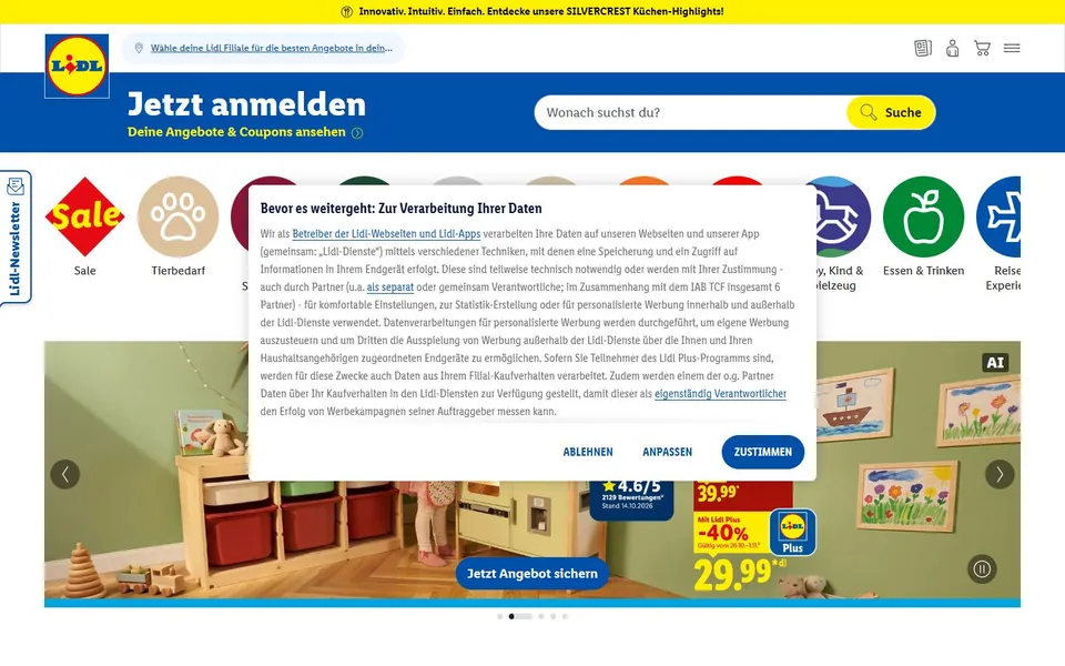 Lidl – Ansicht der Anbieter-Website