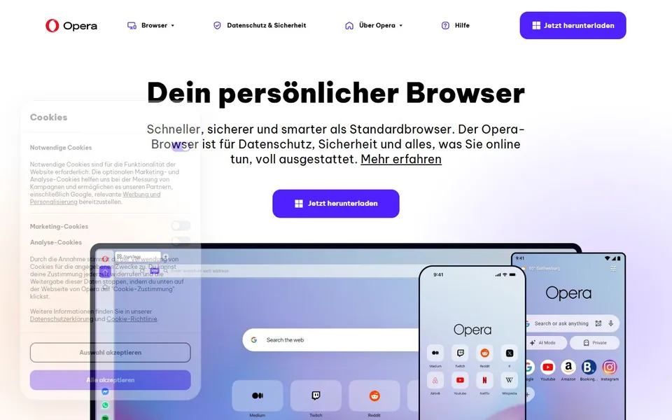 Opera – Ansicht der Anbieter-Website