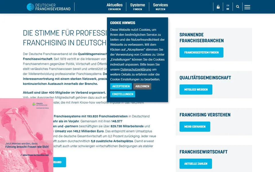Deutscher Franchiseverband – Ansicht der Anbieter-Website