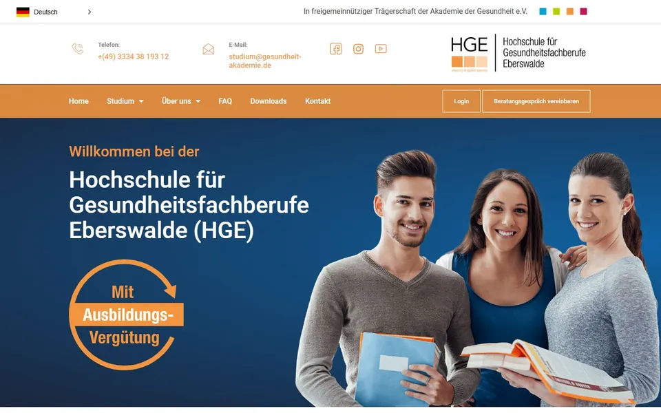 Hochschule für Gesundheitsfachberufe Eberswalde – Ansicht der Anbieter-Website