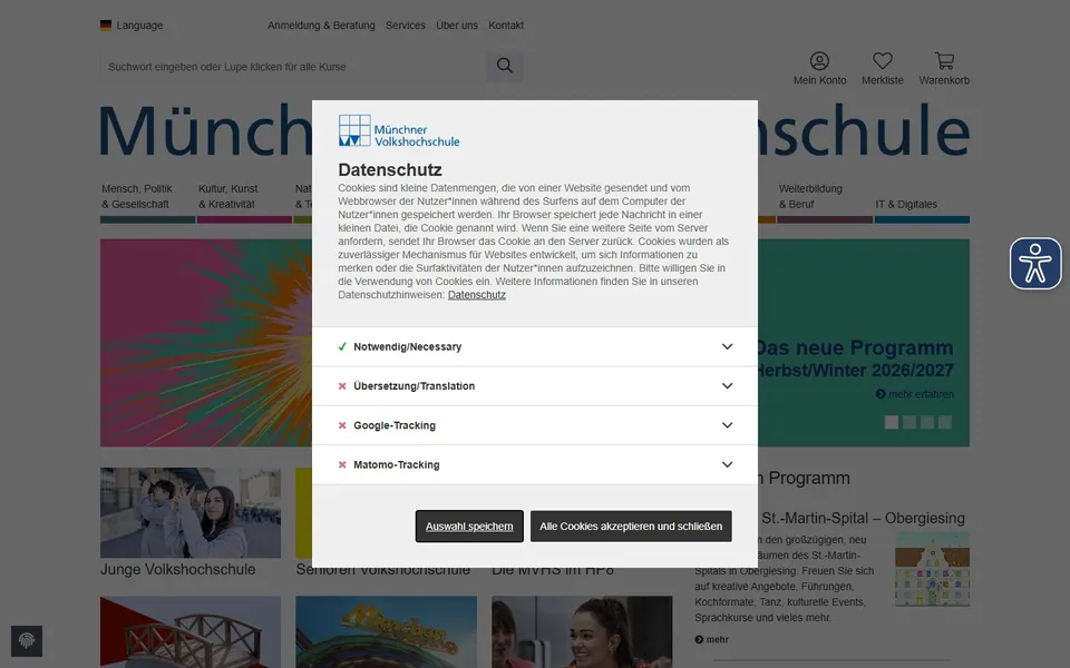 Münchner Volkshochschule – Ansicht der Anbieter-Website