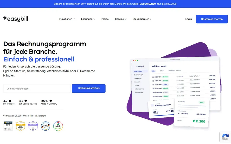 easybill – Ansicht der Anbieter-Website