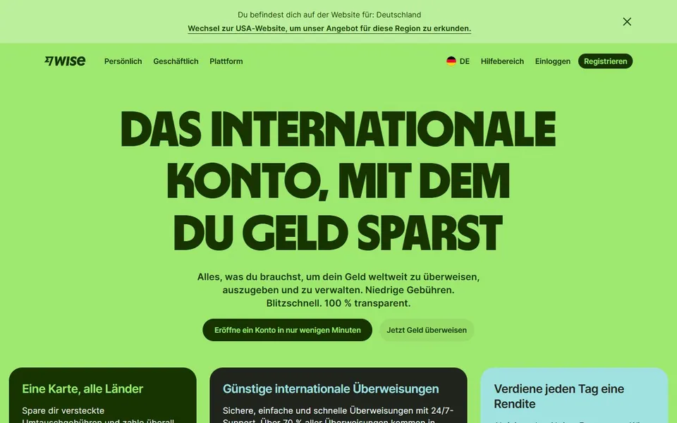 Wise – Ansicht der Anbieter-Website