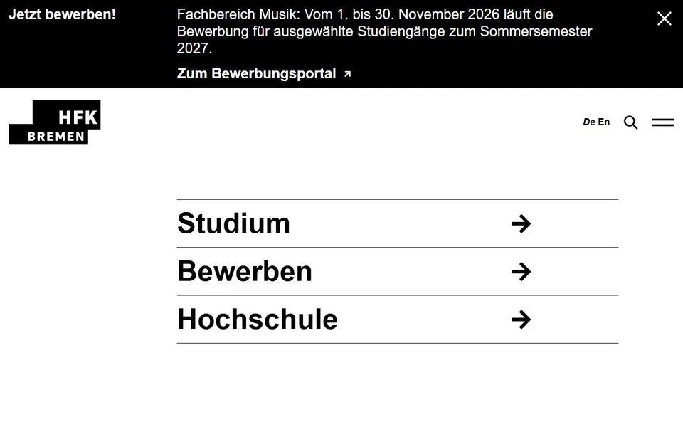 Hochschule für Künste – Ansicht der Anbieter-Website