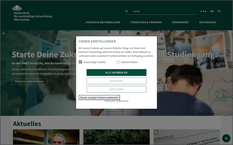 Hochschule für nachhaltige Entwicklung Eberswalde – Ansicht der Anbieter-Website