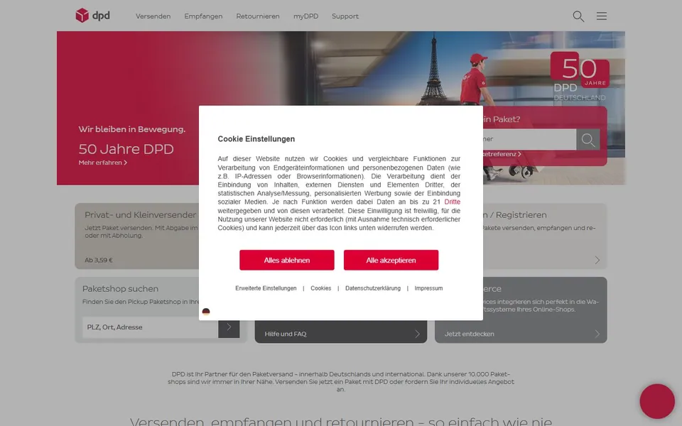 DPD – Ansicht der Anbieter-Website