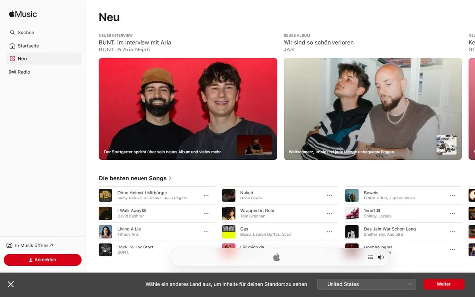 Apple Music – Ansicht der Anbieter-Website