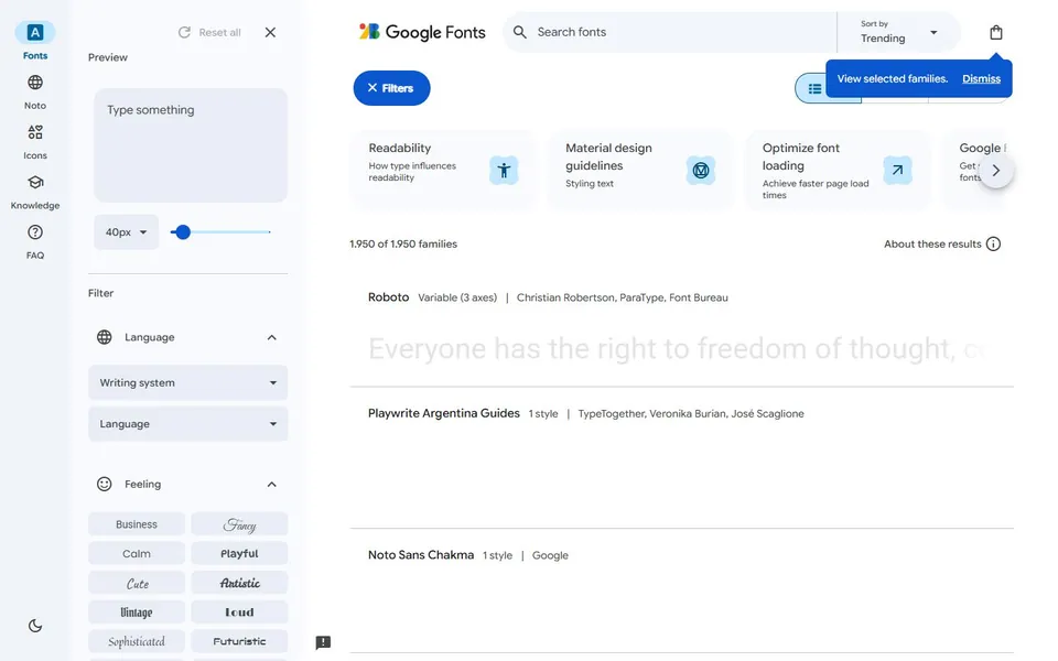 Google Fonts – Ansicht der Anbieter-Website