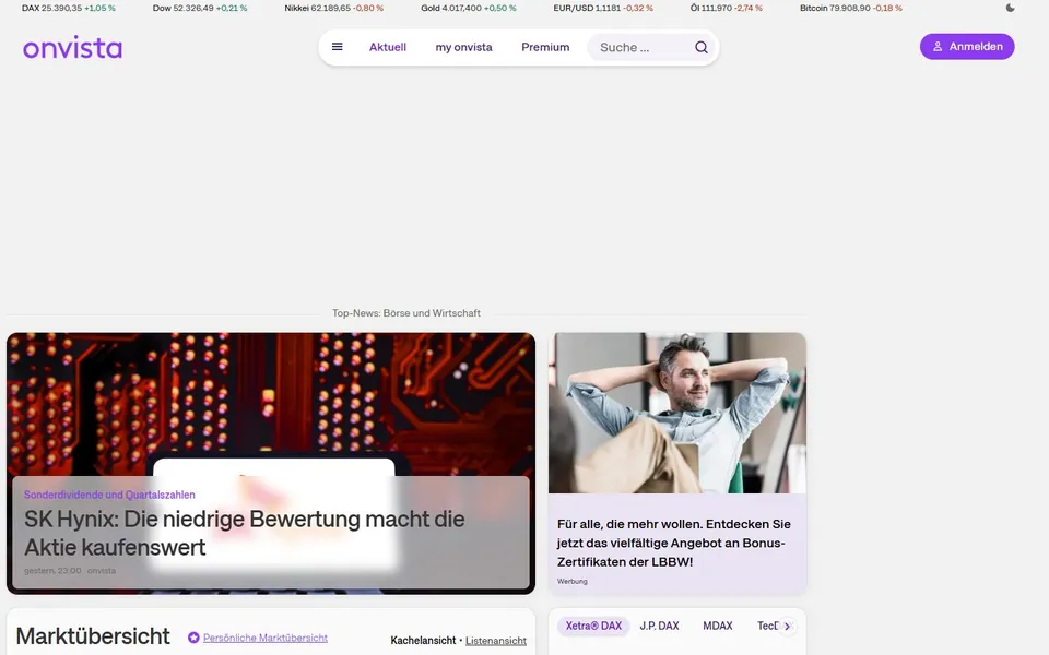 onvista – Ansicht der Anbieter-Website