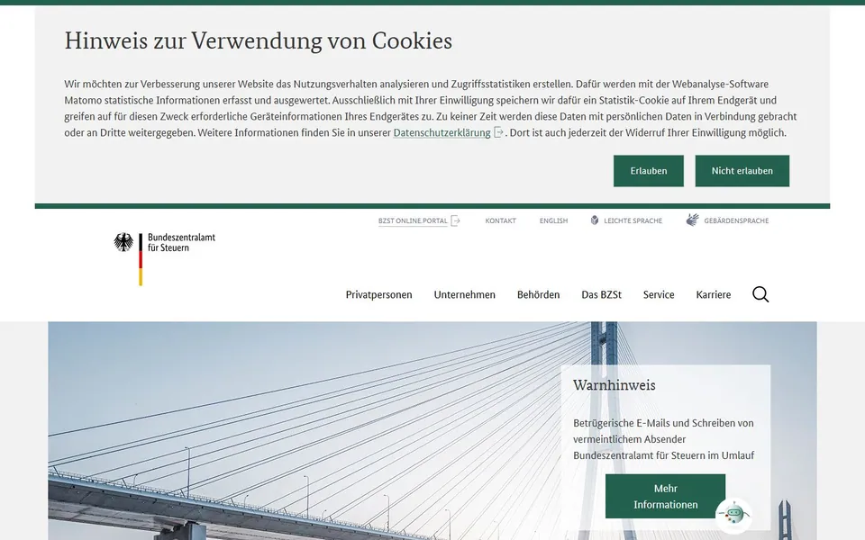 Bundeszentralamt für Steuern – Ansicht der Anbieter-Website