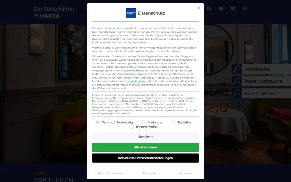Varta-Führer – Ansicht der Anbieter-Website