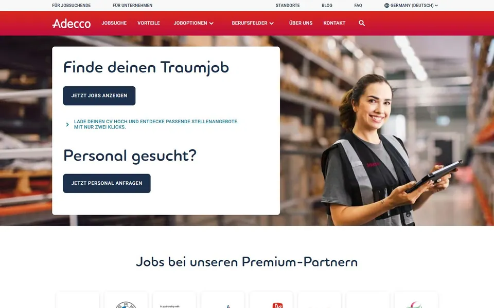 Adecco – Ansicht der Anbieter-Website