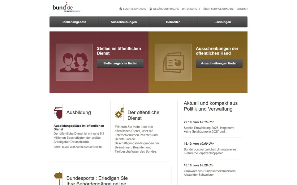 service.bund.de – Ansicht der Anbieter-Website