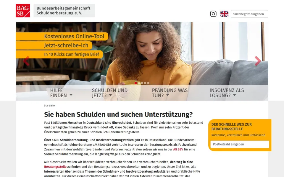 Schuldnerberatung BAG-SB – Ansicht der Anbieter-Website