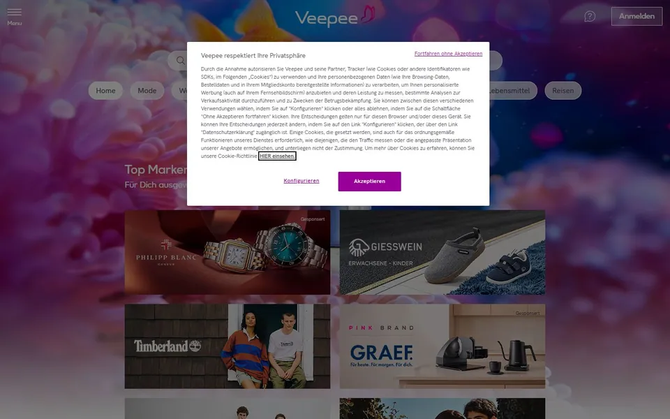 Veepee – Ansicht der Anbieter-Website