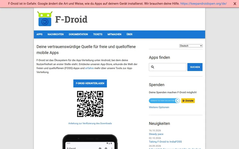 F-Droid – Ansicht der Anbieter-Website
