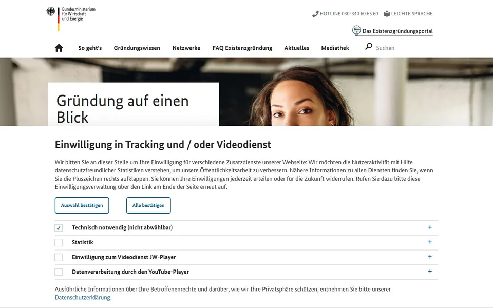 Existenzgründungsportal – Ansicht der Anbieter-Website