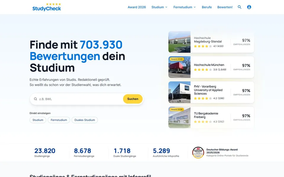 StudyCheck – Ansicht der Anbieter-Website