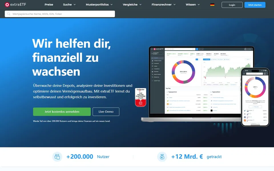 extraETF – Ansicht der Anbieter-Website