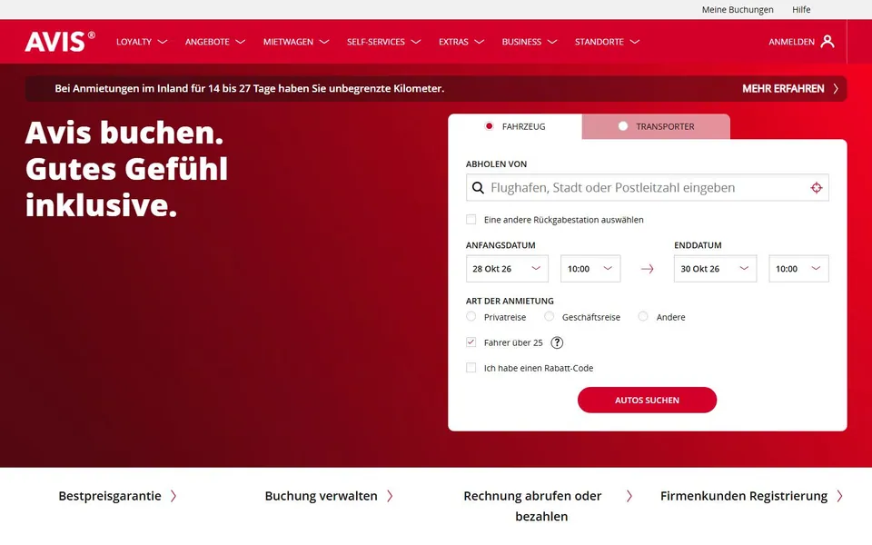 Avis – Ansicht der Anbieter-Website