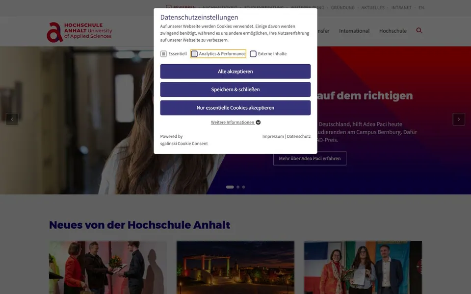 Hochschule Anhalt – Ansicht der Anbieter-Website