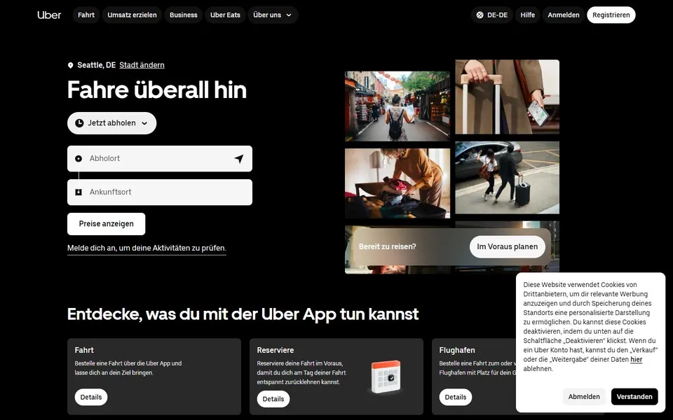 Uber – Ansicht der Anbieter-Website