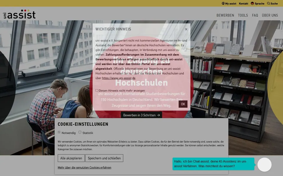 uni-assist – Ansicht der Anbieter-Website