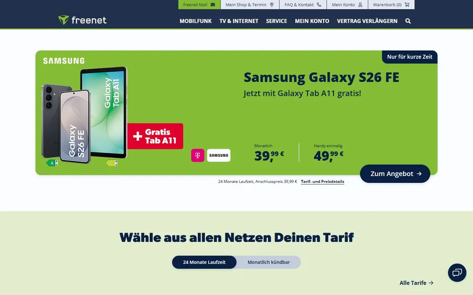 freenet – Ansicht der Anbieter-Website