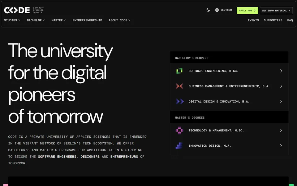 CODE University of Applied Sciences – Ansicht der Anbieter-Website