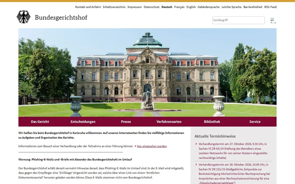 Bundesgerichtshof – Ansicht der Anbieter-Website