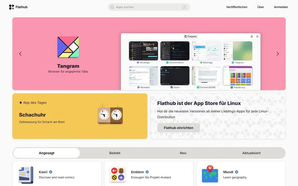 Flathub – Ansicht der Anbieter-Website