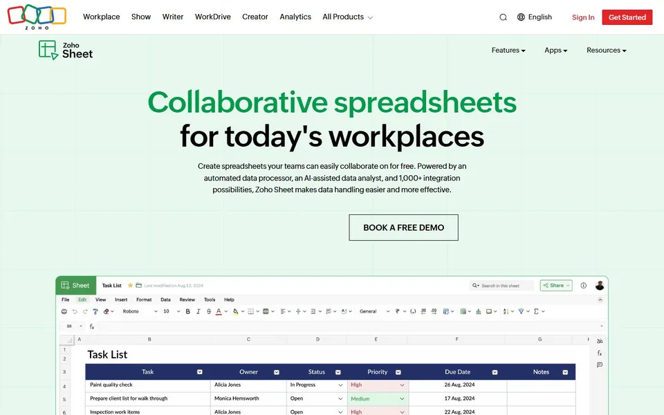 Zoho Sheet – Ansicht der Anbieter-Website