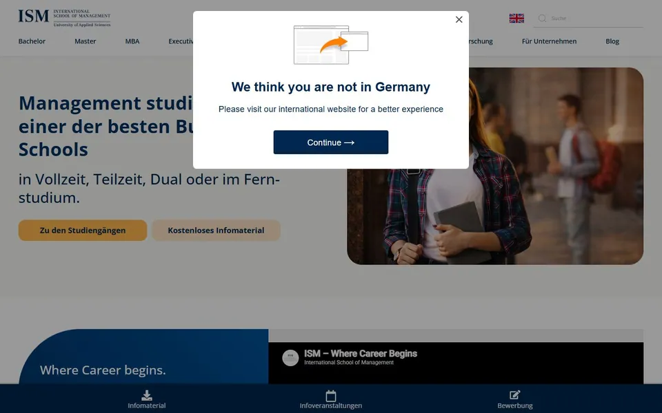 International School of Management – Ansicht der Anbieter-Website