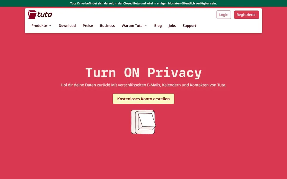 Tuta – Ansicht der Anbieter-Website