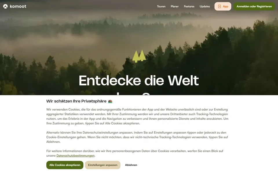 Komoot – Ansicht der Anbieter-Website