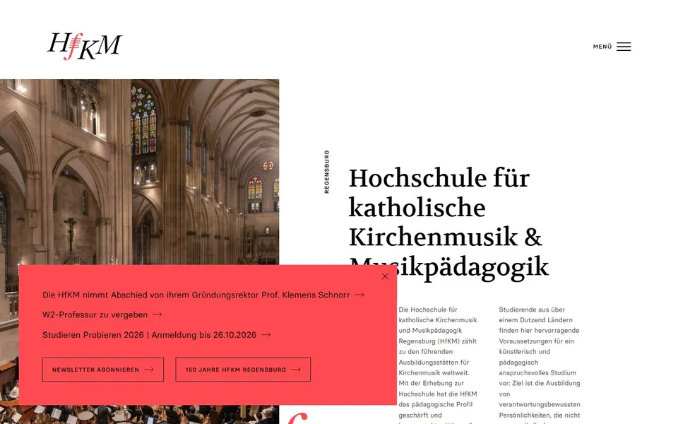 Hochschule für Katholische Kirchenmusik und Musikpädagogik Regensburg – Ansicht der Anbieter-Website