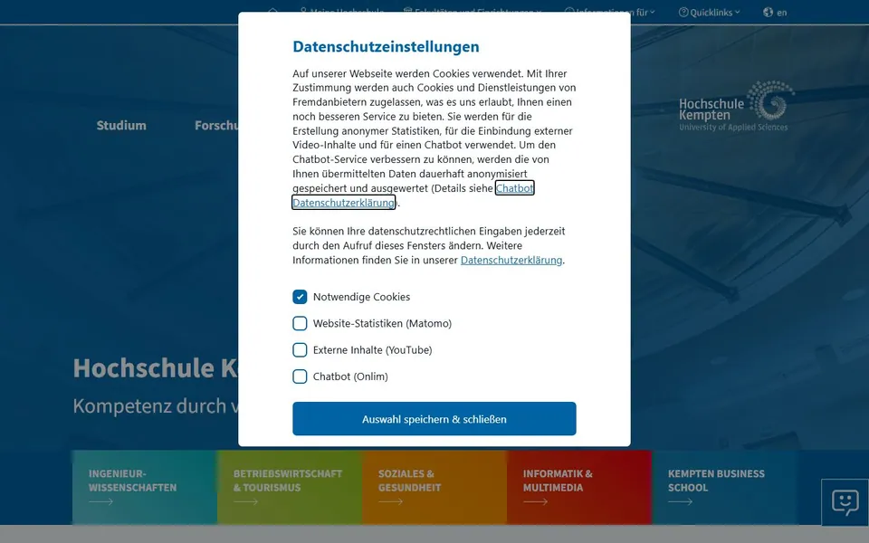Hochschule für angewandte Wissenschaften Kempten – Ansicht der Anbieter-Website