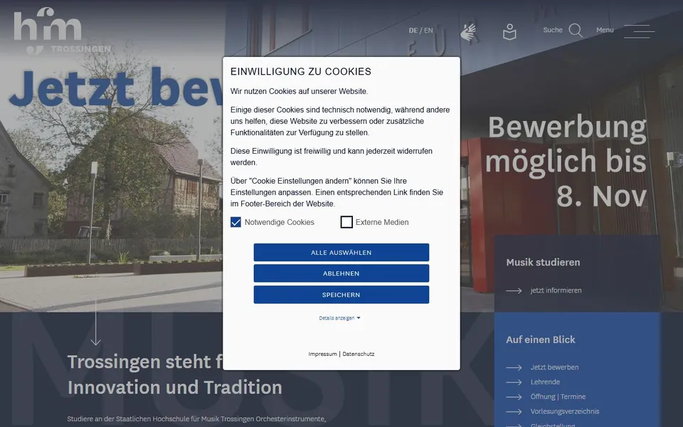 Hochschule für Musik Trossingen – Ansicht der Anbieter-Website