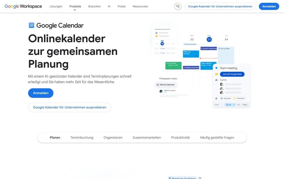 Google Kalender – Ansicht der Anbieter-Website