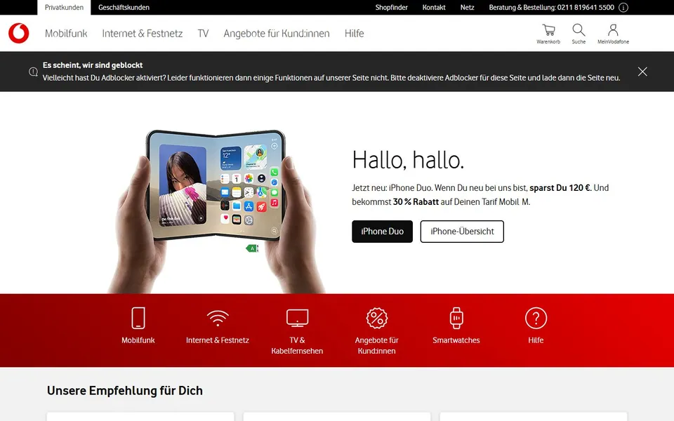 Vodafone – Ansicht der Anbieter-Website