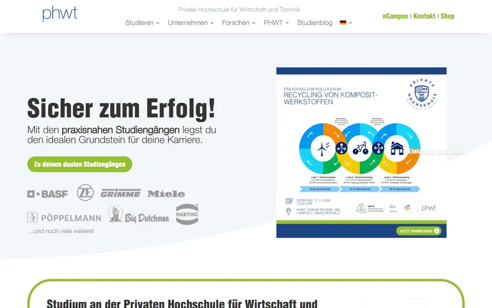 Private Hochschule für Wirtschaft und Technik Vechta/Diepholz – Ansicht der Anbieter-Website